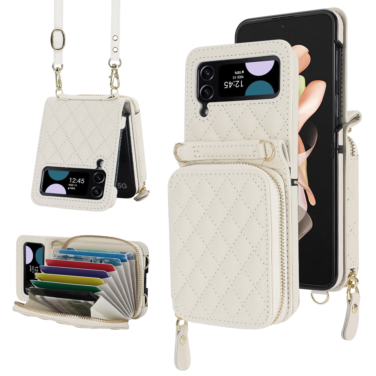Dteck for Samsung Galaxy Z Flip 4 Case with Card Holder RFID Blocking, Crossbody Wallet Case for Z Flip4 with Adjustable Strap, Zipper Purse Leather Handbag Case Compatible with Galaxy Z Flip4,Beige
