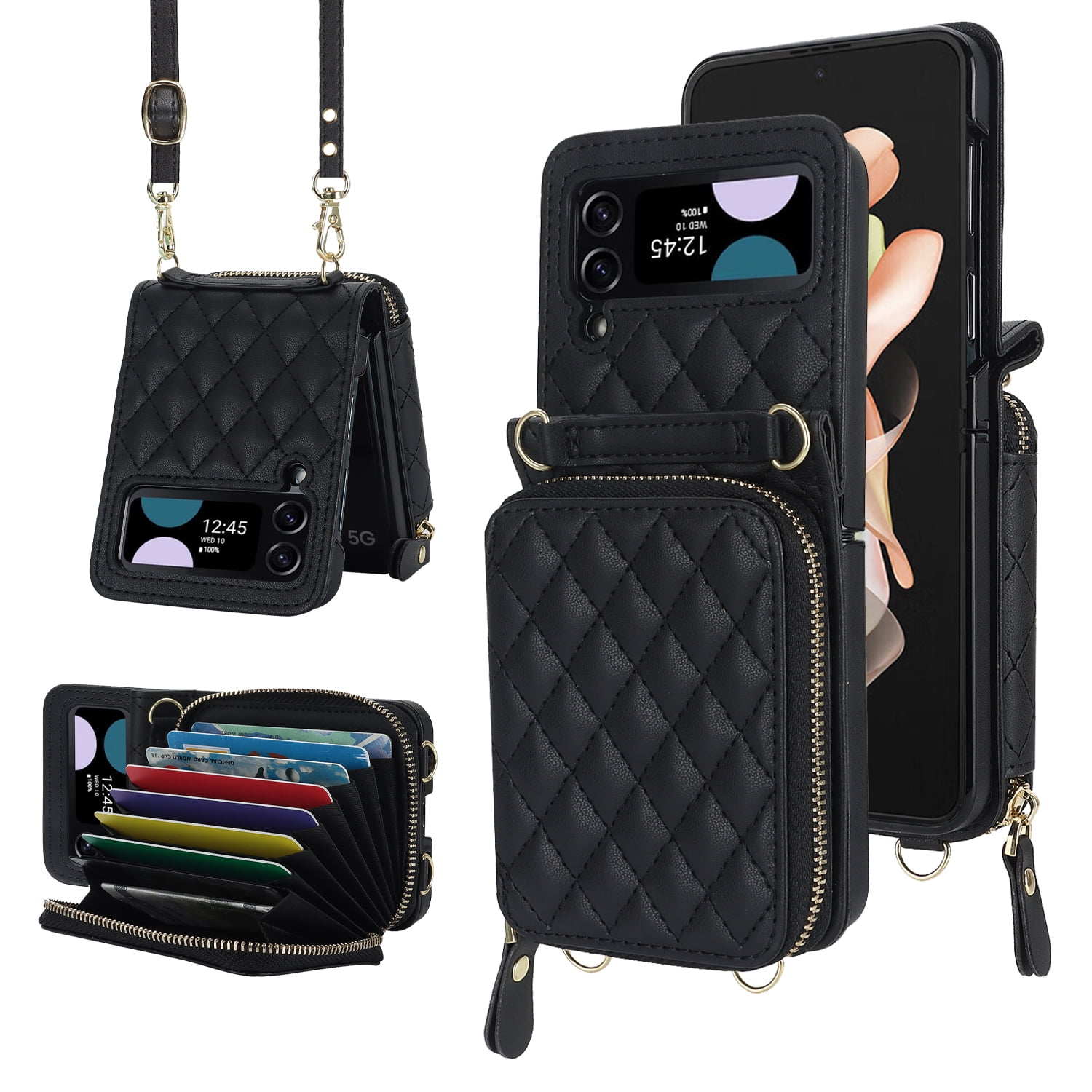 Dteck for Samsung Galaxy Z Flip 4 Case with Card Holder RFID Blocking, Crossbody Wallet Case for Z Flip4 with Adjustable Strap, Zipper Purse Leather Handbag Case Compatible with Galaxy Z Flip4,Black