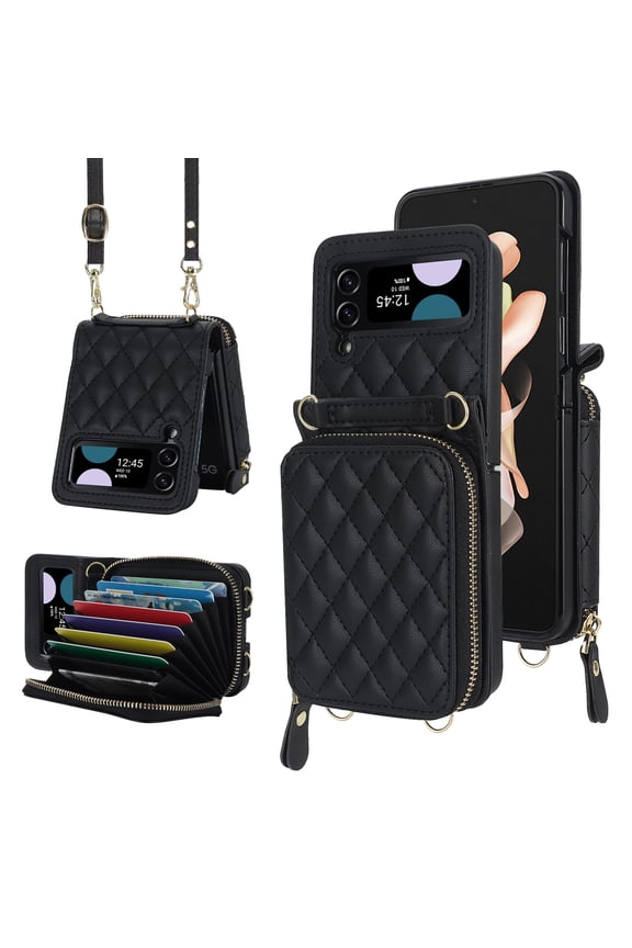 for Samsung Galaxy Z Flip 4 Case with Card Holder RFID Blocking, Crossbody Wallet Case for Z Flip4 with Adjustable Strap, Zipper Purse Leather Handbag Case Compatible with Galaxy Z Flip4,Black