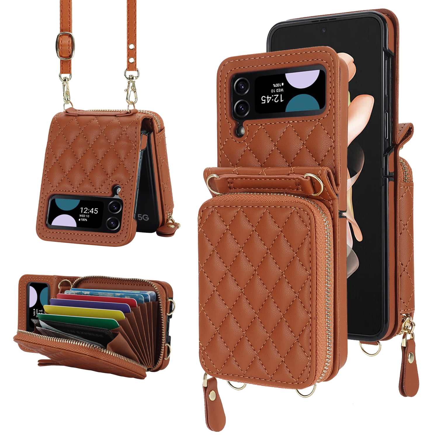 Dteck for Samsung Galaxy Z Flip 4 Case with Card Holder RFID Blocking, Crossbody Wallet Case for Z Flip4 with Adjustable Strap, Zipper Purse Leather Handbag Case Compatible with Galaxy Z Flip4,Brown