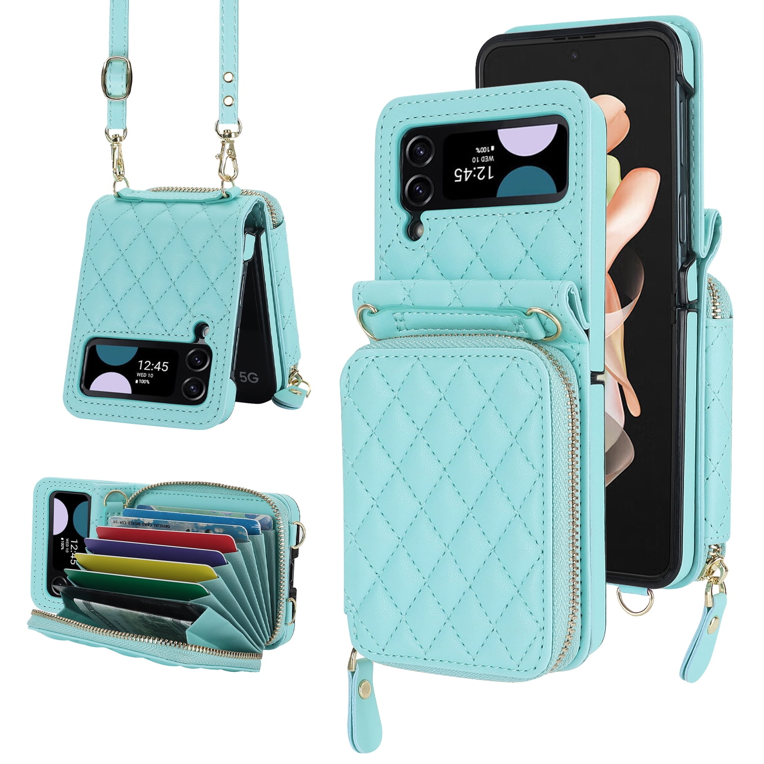 Dteck for Samsung Galaxy Z Flip 4 Case with Card Holder RFID Blocking, Crossbody Wallet Case for Z Flip4 with Adjustable Strap, Zipper Purse Leather Handbag Case Compatible with Galaxy Z Flip4,Mint