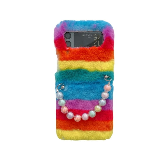 Dteck for Samsung Galaxy Z Flip 4 Plush Case with Colorful Chain Wristband Warm Plush Cute Case for Girls Women Fluffy Furry Back Cover Slim Shockproof Cover for Samsung Galaxy Z Flip 4 5G,Rainbow