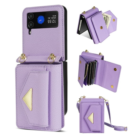 Dteck for Samsung Galaxy Z Flip 4 Wallet Case with Card Holder, Crossbody Wallet Leather Handbag with Detachable Lanyard Magnetic Flip Case for Galaxy Z Flip4 5G,Purple