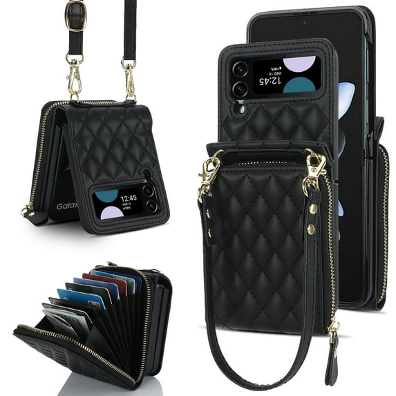 Dteck for Samsung Galaxy Z Flip 4 Wallet Case with Crossbody Strap, Large Capacity Card Holder Women Girls Premium PU Leather Galaxy Z Flip4 Zipper Wallet Case,Black