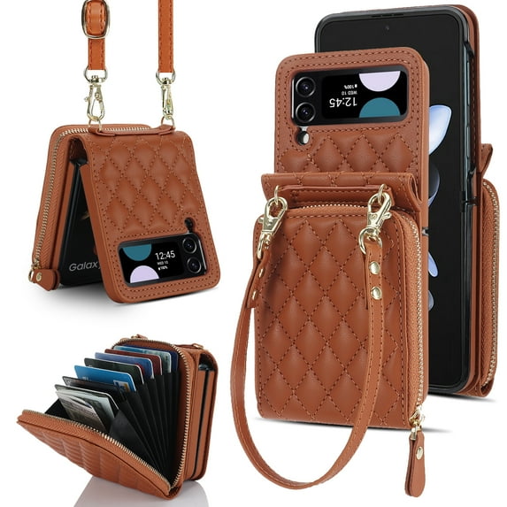 Dteck for Samsung Galaxy Z Flip 4 Wallet Case with Crossbody Strap, Large Capacity Card Holder Women Girls Premium PU Leather Galaxy Z Flip4 Zipper Wallet Case,Brown