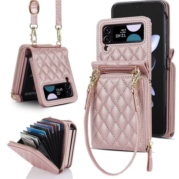 Dteck for Samsung Galaxy Z Flip 4 Wallet Case with  Crossbody Strap, Large Capacity Card Holder Women Girls Premium PU Leather Galaxy Z Flip4 Zipper Wallet Case,Rosegold