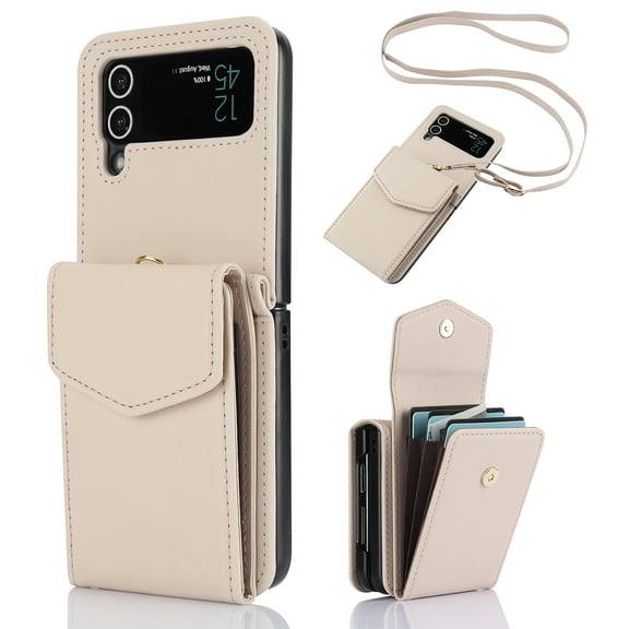 Dteck for Samsung Galaxy Z Flip 4 Wallet Case,Leather Case with 3 Accordion Card Slots and RFID Blocking Adjustable Crossbody Strap for Unisex,Apricot