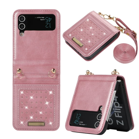 Dteck Samsung Galaxy Z Flip 4 Wallet Case, Slim PU Leather with Bling Diamond RFID Blocking Card Holder Purse Case with Crossbody Shoulder Strap Phone Cover for Samsung Galaxy Z Flip 4, Pink