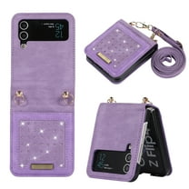 Dteck Samsung Galaxy Z Flip 4 Wallet Case, Slim PU Leather with Bling Diamond RFID Blocking Card Holder Purse Case with Crossbody Shoulder Strap Phone Cover for Samsung Galaxy Z Flip 4, Purple