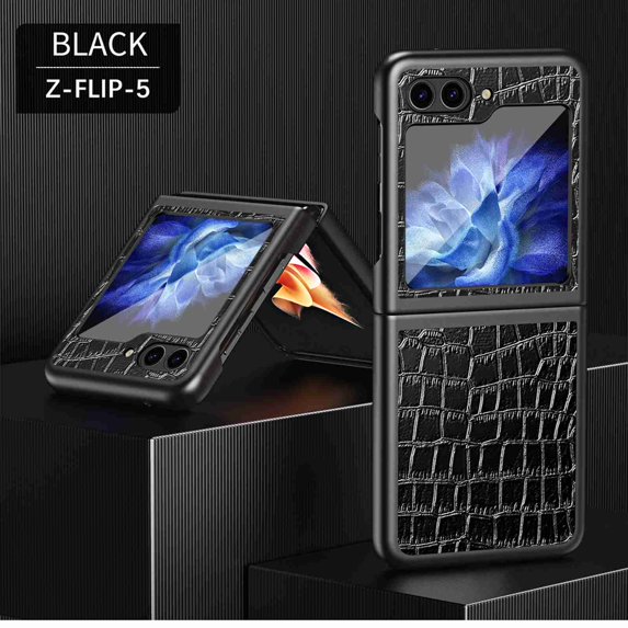 Dteck for Samsung Galaxy Z Flip 5 5G 2023 Anti-Glare Crocodile Pattern PU Leather Case, Shockproof Non-Slip Business Hard PC Ultra-Thin Back Cover,Black