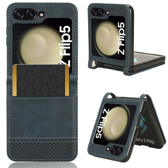 Dteck for Samsung Galaxy Z Flip 5 5G Case, Shockproof Slim Fit Premium Retro PU Leather Hard PC Wallet Case with Card Slots Protective Phone Case Cover (2023), Darkblue