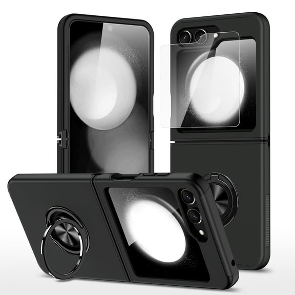 Dteck for Samsung Galaxy Z Flip 5 Case with Front Screen Protector, Rotating Finger Ring Metal Kickstand Heavy Duty Shockproof Full Body Protective Cover for Samsung Galaxy Z Flip5 5G 2023,Black