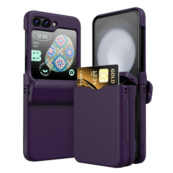 Dteck for Samsung Galaxy Z Flip 5 Case with Hinge Protection, Galaxy Z Flip 5 Case with Card Slot Holder, Shockproof Rugged Protective Phone Cover for Samsung Z Flip5 5G,Deep Purple