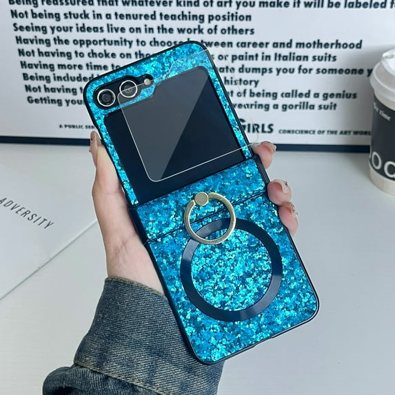Dteck for Samsung Galaxy Z Flip 5 Case with Hinge Protection, Glitter Magnetic Z Flip 5 Case Compatible with MagSafe, Cute Slim Shockproof Cover with Ring Holder for Women Girl, Blue