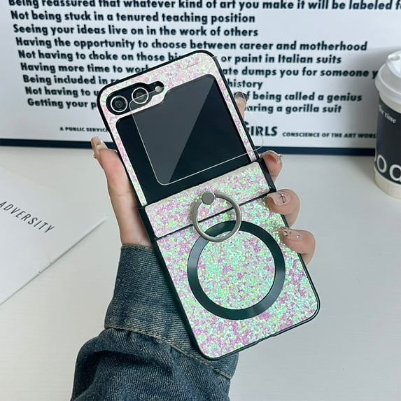 Dteck for Samsung Galaxy Z Flip 5 Case with Hinge Protection, Glitter Magnetic Z Flip 5 Case Compatible with MagSafe, Cute Slim Shockproof Cover with Ring Holder for Women Girl, Pink