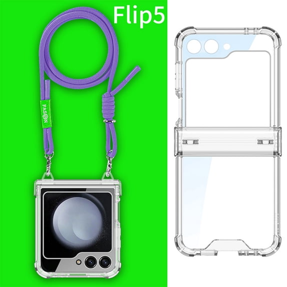 Dteck for Samsung Galaxy Z Flip 5 Case with Hinge Protection, Lightweight Non-Yellowing Transparent Clear Phone Cover with Crossbody Nylon Lanyard for Samsung Z Flip 5,Clear Case+Purple Strap