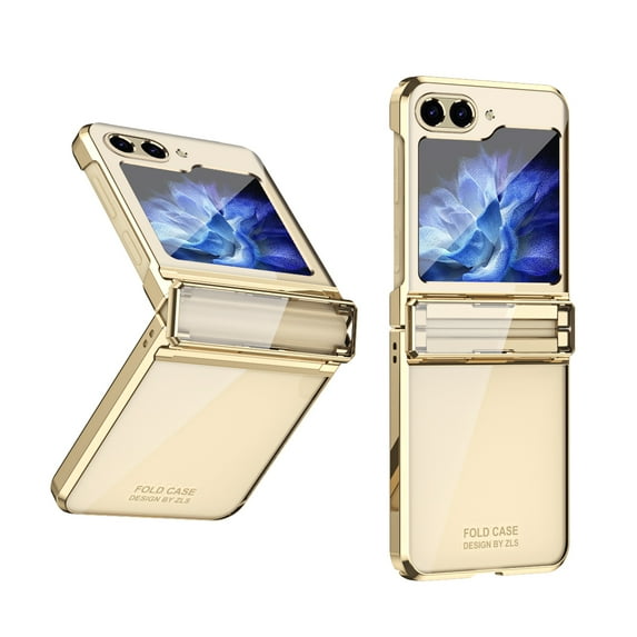 Dteck for Samsung Galaxy Z Flip 5 Case with Hinge Protection, Luxury Plating Frame Electroplate Transparent Clear Shockproof Protective Case for Samsung Galaxy Z Flip5 5G,Gold