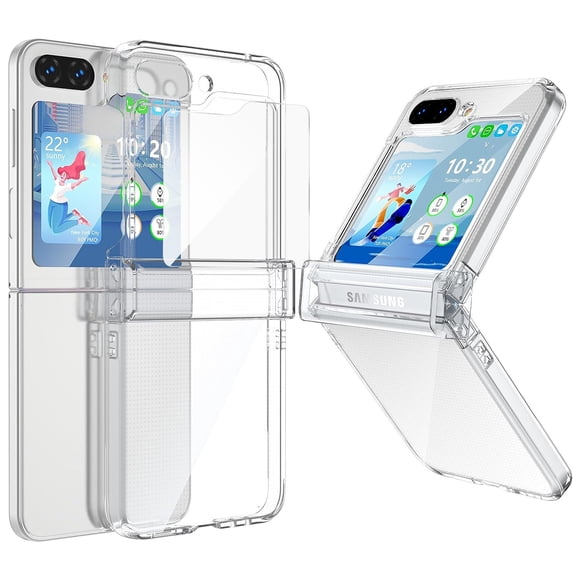 Dteck for Samsung Galaxy Z Flip 5 Case with Hinge Protection & Small Screen Protector, Z Flip 5 Case Clear Slim Transparent Shockproof Hinge Hard Flip5 Phone Case Cover
