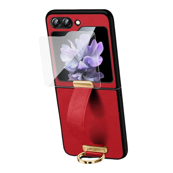 Dteck for Samsung Galaxy Z Flip 5 Case, Luxury Business PU Leather Wristband Stand Protective Case with Screen Protector for Samsung Galaxy Z Flip 5 5G,Red