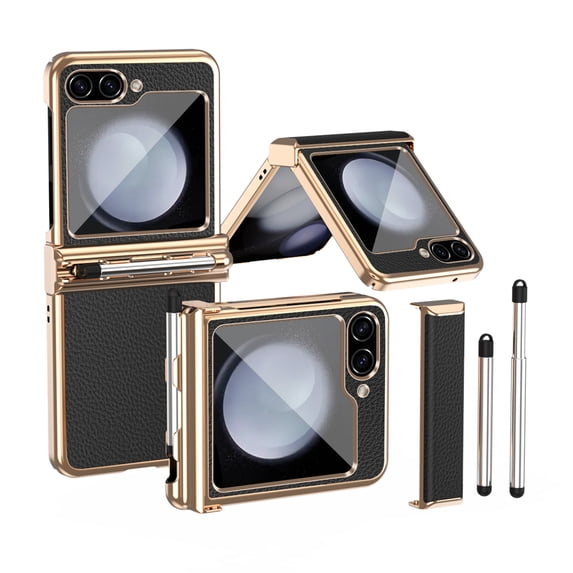 Dteck for Samsung Galaxy Z Flip 5 Case with Pen, Z Flip 5 Case with S Pen Slot & Creative Two Hinge Protection, Luxury Plating PC PU Leather Shockproof Case for Samsung Galaxy Z Flip5, Gold + Black