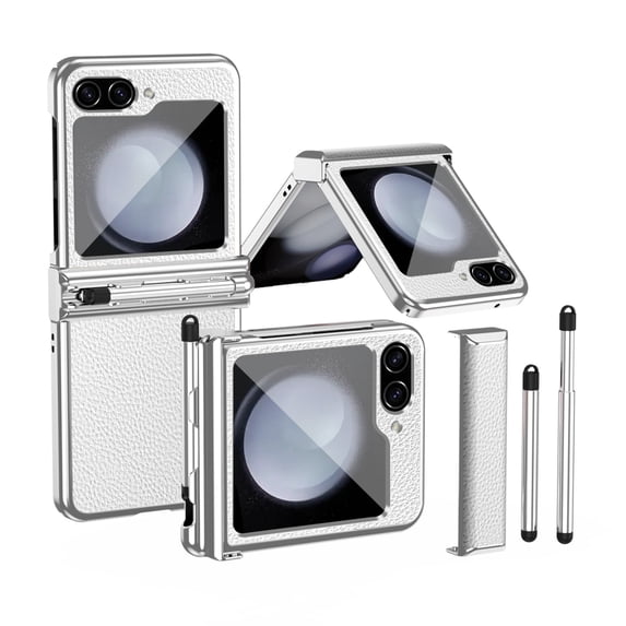 Dteck for Samsung Galaxy Z Flip 5 Case with Pen, Z Flip 5 Case with S Pen Slot & Creative Two Hinge Protection, Luxury Plating PC PU Leather Shockproof Case for Samsung Galaxy Z Flip5, Silver + White