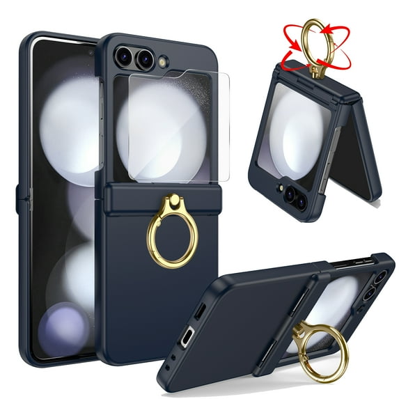 Dteck for Samsung Galaxy Z Flip 5 Case with Screen Protector, Hinge Protection with Ring Holder All-Inclusive Shockproof Cover for Samsung Galaxy Z Flip5 5G,Blue