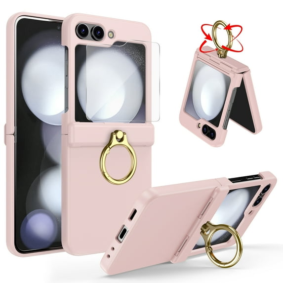 Dteck for Samsung Galaxy Z Flip 5 Case with Screen Protector, Hinge Protection with Ring Holder All-Inclusive Shockproof Cover for Samsung Galaxy Z Flip5 5G,Pink