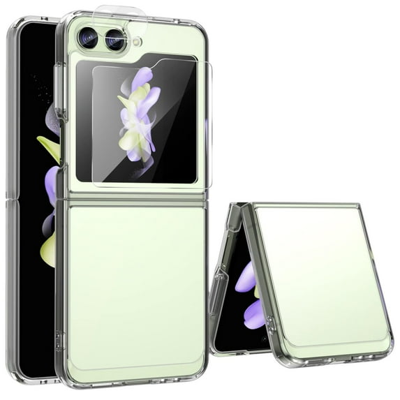 Dteck for Samsung Galaxy Z Flip 5 Case with Small Screen Protector & Camera Lens Protector, Anti-Yellowing Crystal Clear Shockproof Phone Case for Samsung Galaxy Z Flip5 5G, Transparent