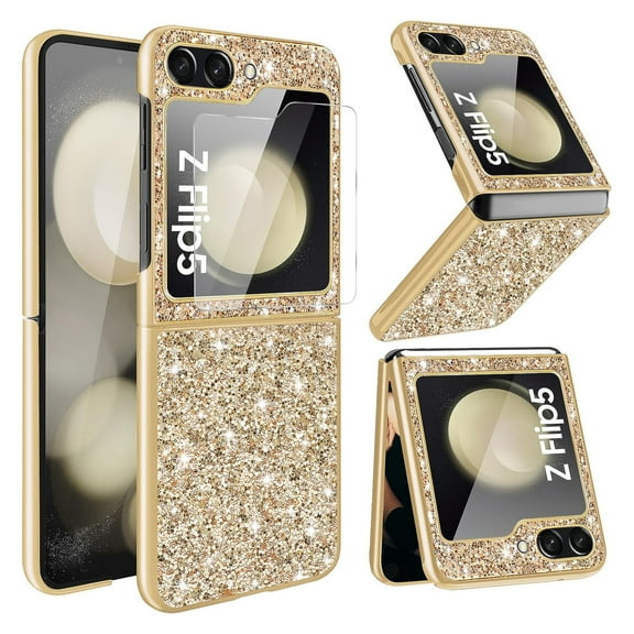 Dteck for Samsung Galaxy Z Flip 5 Case with Small Screen Protector, Z Flip 5 Glitter Case for Women Girls, Ultra Slim Plating Bumper Bling Shockproof Protective Cover for Samsung Galaxy Z Flip5,Gold