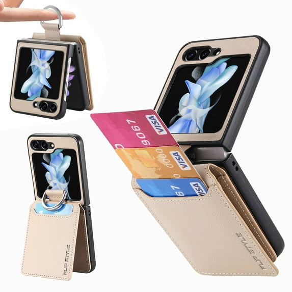 Dteck for Samsung Galaxy Z Flip 5 Case Wallet with Card Slots, Compatible with Magnetic Car Mount, Multi-Functional Ring Holder PU Leather Galaxy Z Flip5 5G Case, Khaki