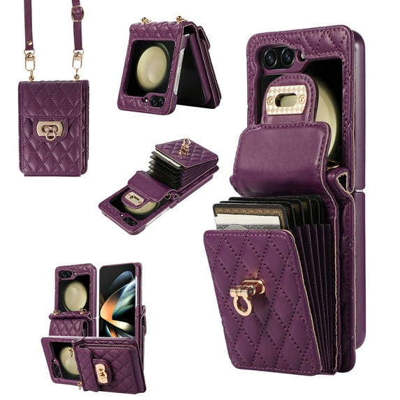 Dteck for Samsung Galaxy Z Flip 5 Crossbody Wallet Case, Crossbody Shoulder Adjustable Strap Shockproof Card Pocket Slots Soft PU Leather Slim Phone Case for Galaxy Z Flip5 5G 2023,Deep Purple