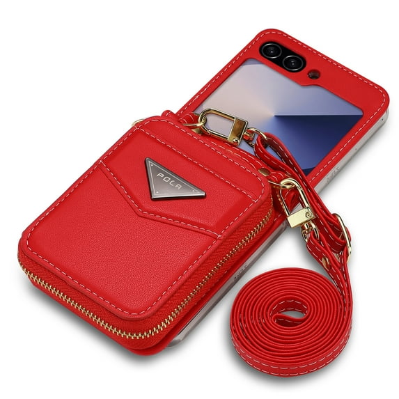 Dteck for Samsung Galaxy Z Flip 5 Wallet Case, Crossbody Zipper Purse with Credit Card Slot Holder PU Leather Adjustable Lanyard Detachable Strap Wrist for Women Men,Red