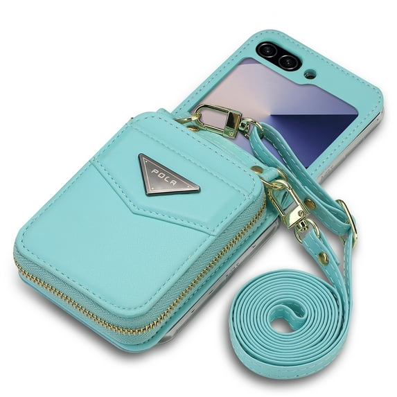 Dteck for Samsung Galaxy Z Flip 5 Wallet Case, Crossbody Zipper Purse with Credit Card Slot Holder PU Leather Adjustable Lanyard Detachable Strap Wrist for Women Men,Mint