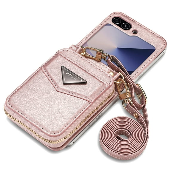 Dteck for Samsung Galaxy Z Flip 5 Wallet Case, Crossbody Zipper Purse with Credit Card Slot Holder PU Leather Adjustable Lanyard Detachable Strap Wrist for Women Men,Pink