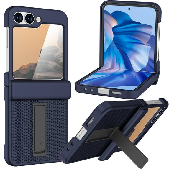 Dteck for Samsung Galaxy Z Flip 6 Case, Built-in Kickstand & Hinge Protector & HD Screen Protector,All-Inclusive Shockproof Case Cover for Galaxy Z Flip 6 5G,Navyblue