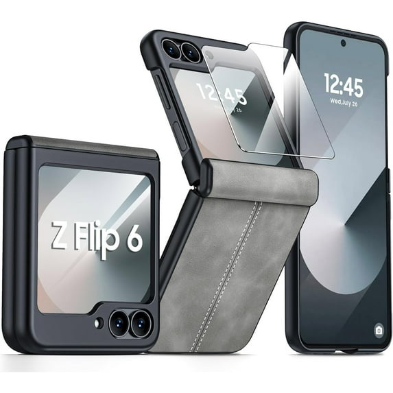 Dteck for Samsung Galaxy Z Flip 6 Case with Built-in Screen Protector, Hinge Protection, Ultra Thin PU Leather Matte PC Shockproof Phone Cover for Samsung Z Flip 6 5G,Gray
