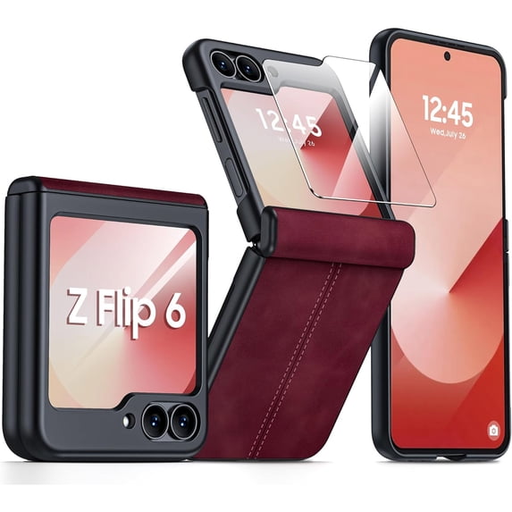 Dteck for Samsung Galaxy Z Flip 6 Case with Built-in Screen Protector, Hinge Protection, Ultra Thin PU Leather Matte PC Shockproof Phone Cover for Samsung Z Flip 6 5G,Red