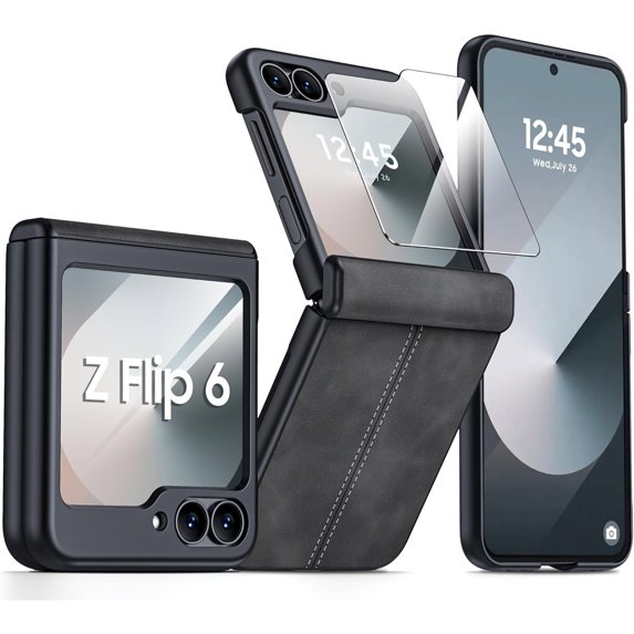 Dteck for Samsung Galaxy Z Flip 6 Case with Built-in Screen Protector, Hinge Protection, Ultra Thin PU Leather Matte PC Shockproof Phone Cover for Samsung Z Flip 6 5G,Black