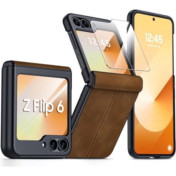 Dteck for Samsung Galaxy Z Flip 6 Case with Built-in Screen Protector, Hinge Protection, Ultra Thin PU Leather Matte PC Shockproof Phone Cover for Samsung Z Flip 6 5G,Brown