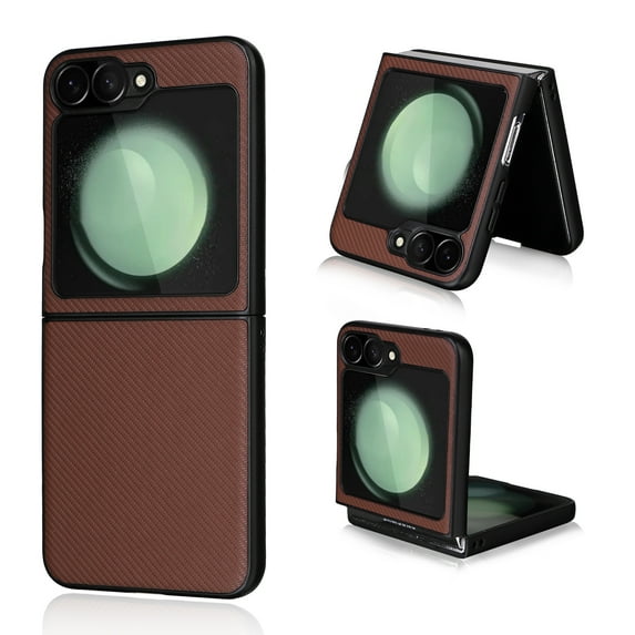 Dteck for Samsung Galaxy Z Flip 6 Case, Carbon Fiber Texture Faxu Leather Slim Protective Cover, Shockproof Hard Rugged for Samsung Galaxy Z Flip 6 5G 2024, Brown
