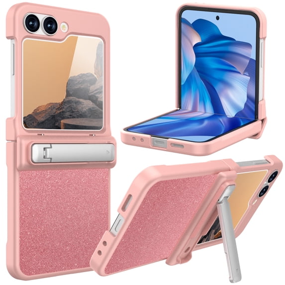 Dteck for Samsung Galaxy Z Flip 6 Case with Hinge Cover & Built-in Stand & Tempered Glass Screen Protector,Military Grade Drop Protection, Heavy Duty Matte Hard Case for Samsung Z Flip6,Glitter Pink