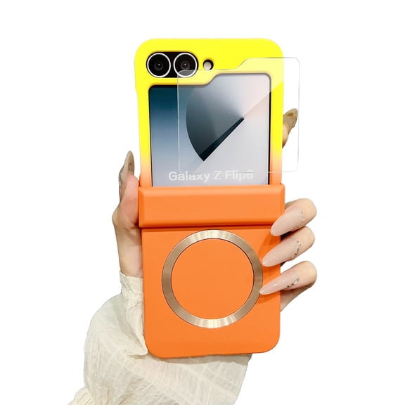 Dteck for Samsung Galaxy Z Flip 6 Case with Hinge Protection, Compatible with MagSafe, Gradient Design Shockproof Full Body Slim Fit Cover with Glass Screen Protector,Yellow Orange