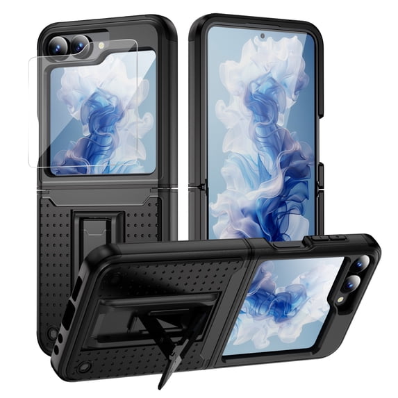 Dteck for Samsung Galaxy Z Flip 6 Case with Hinge Protection, Full Body Military Drop Shockproof Rugged Case with Screen Protector for Samsung Galaxy Z Flip6 with Kickstand, Black