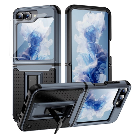 Dteck for Samsung Galaxy Z Flip 6 Case with Hinge Protection, Full Body Military Drop Shockproof Rugged Case with Screen Protector for Samsung Galaxy Z Flip6 with Kickstand, Gray