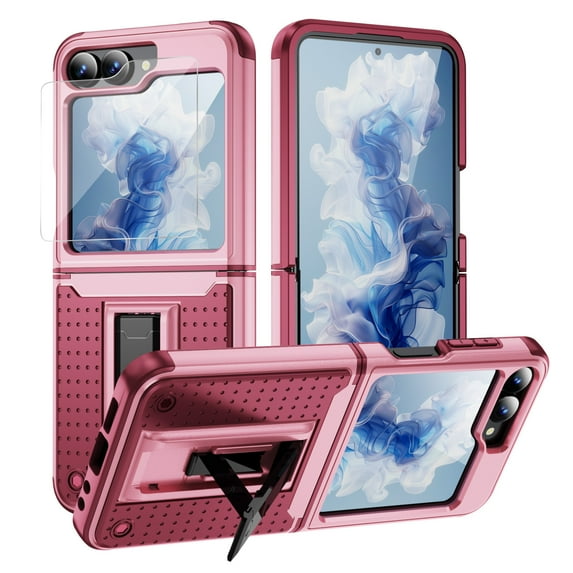 Dteck for Samsung Galaxy Z Flip 6 Case with Hinge Protection, Full Body Military Drop Shockproof Rugged Case with Screen Protector for Samsung Galaxy Z Flip6 with Kickstand, Rose