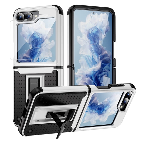 Dteck for Samsung Galaxy Z Flip 6 Case with Hinge Protection, Full Body Military Drop Shockproof Rugged Case with Screen Protector for Samsung Galaxy Z Flip6 with Kickstand, White