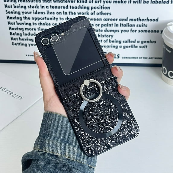 Dteck for Samsung Galaxy Z Flip 6 Case with Hinge Protection, Glitter Magnetic Z Flip 6 Case Compatible with MagSafe, Cute Slim Shockproof Cover with Ring Holder for Women Girl, Black