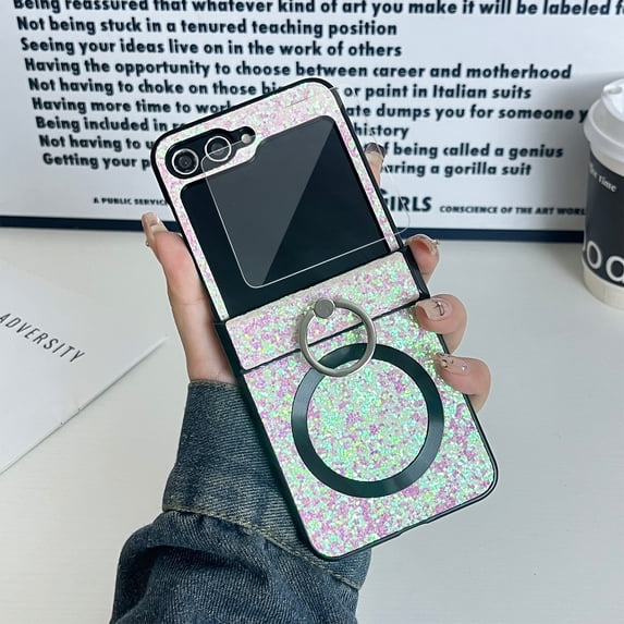 Dteck for Samsung Galaxy Z Flip 6 Case with Hinge Protection, Glitter Magnetic Z Flip 6 Case Compatible with MagSafe, Cute Slim Shockproof Cover with Ring Holder for Women Girl, Pink
