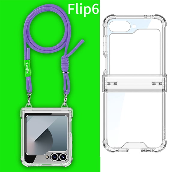 Dteck for Samsung Galaxy Z Flip 6 Case with Hinge Protection, Lightweight Non-Yellowing Transparent Clear Phone Cover with Crossbody Nylon Lanyard for Samsung Z Flip 6,Clear Case+Purple Strap