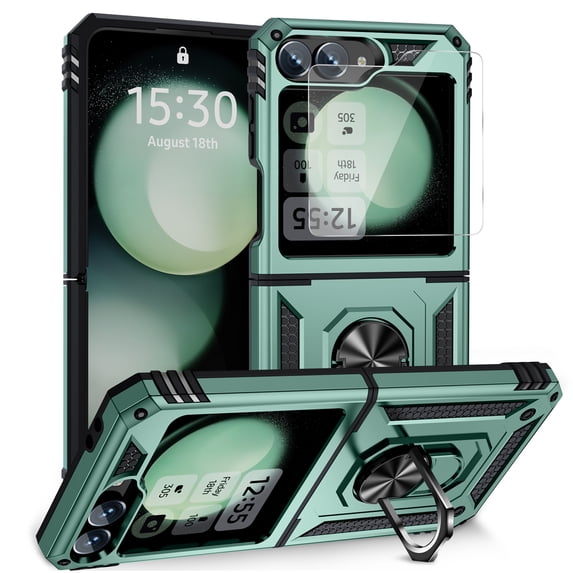 Dteck for Samsung Galaxy Z Flip 6 Case with Outer Screen Protector, Galaxy Z Flip 6 Case with
360° Rotate Ring Stand & Hinge Protection, Drop-Proof Full Body Cover for Samsung Galaxy Z Flip6 5G,Green